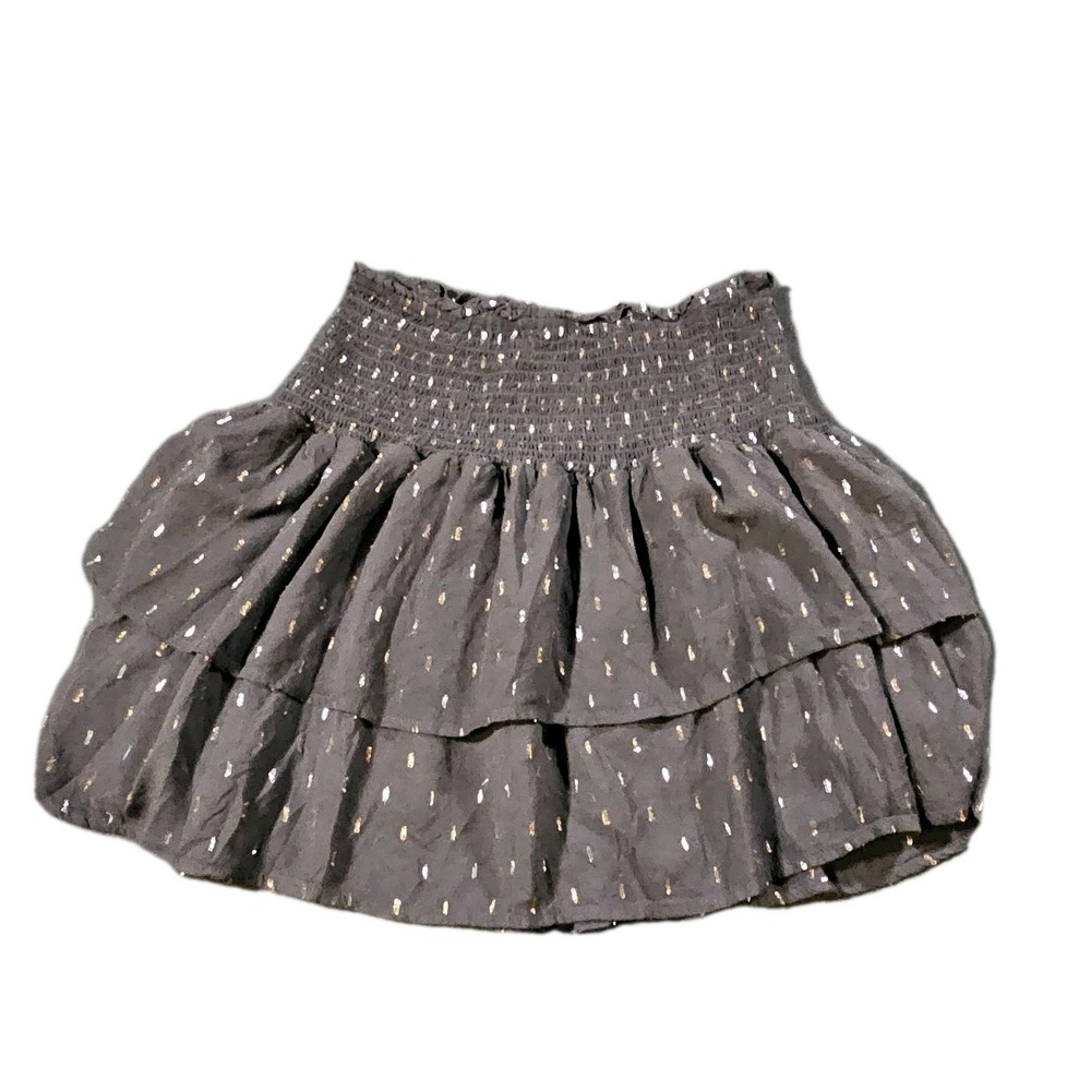 Blu Pepper Women Smocked High Waist Boho Ruffle Layered Mini Skirt Black Gold M